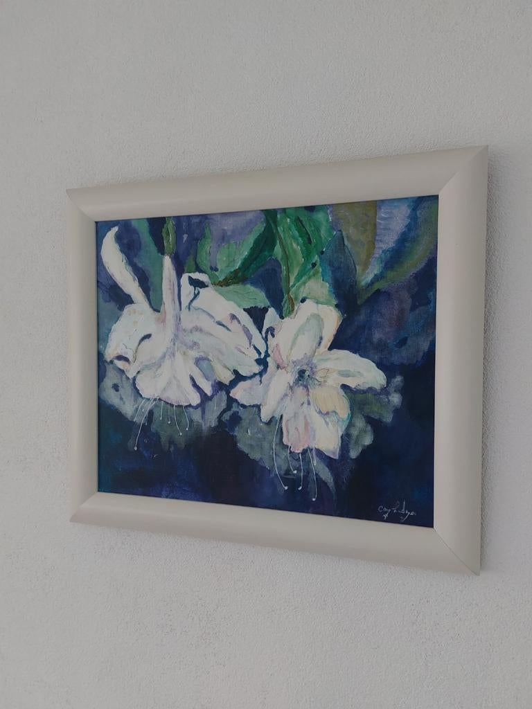 Handgeschilderd schilderij witte bloemen, Ophalen, Gebruikt, 50 tot 75 cm, Schilderij
