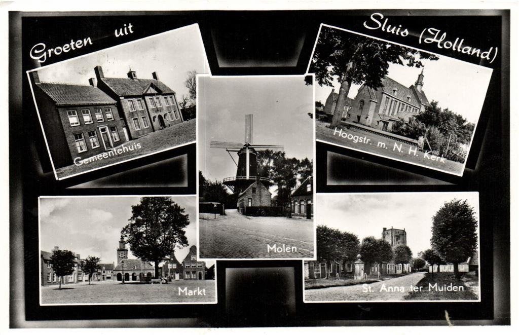Groeten uit Sluis [Holland] - 5 afb dorpsgezichten - gelopen, Ophalen of Verzenden, 1960 tot 1980, Gelopen, Zeeland