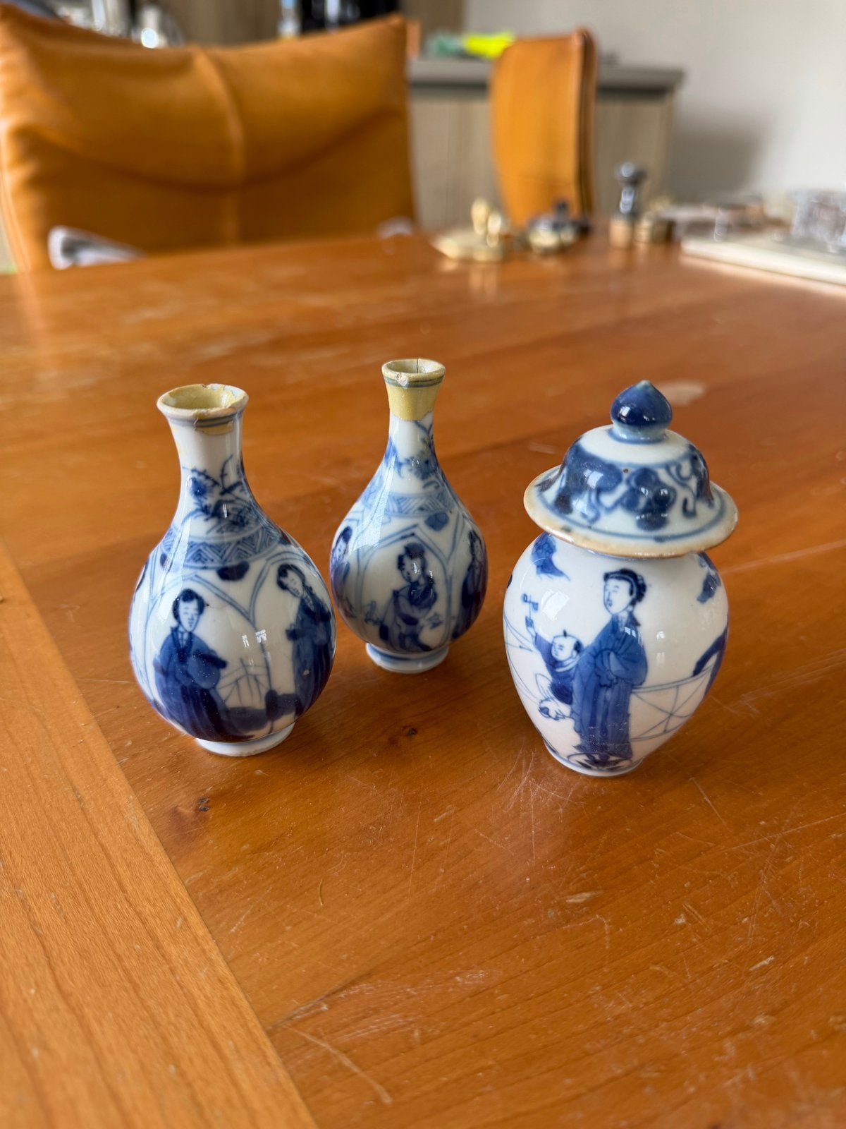 Set van 3 antieke Chinese blauw-witte miniatuur vazen, Ophalen