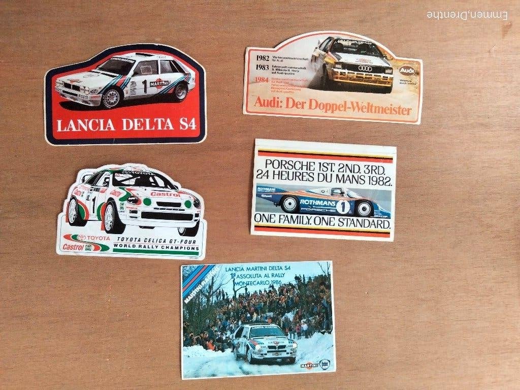 Vintage raceauto stickers (Lancia, Porsche, Audi, Toyota), Verzamelen, Ophalen of Verzenden, Gebruikt, Auto's