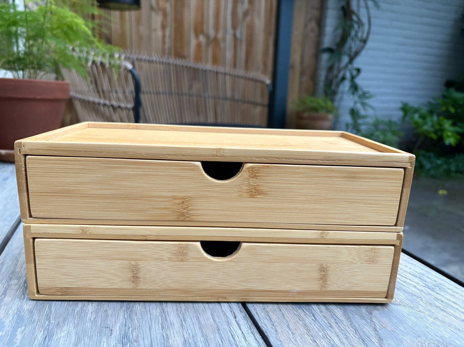 HOUTEN LADEKASTJE / BAMBOE/ 2 STUKS STAPELBAAR / VINTAGE, Minder dan 50 cm, Vintage, Zo goed als nieuw, Minder dan 25 cm
