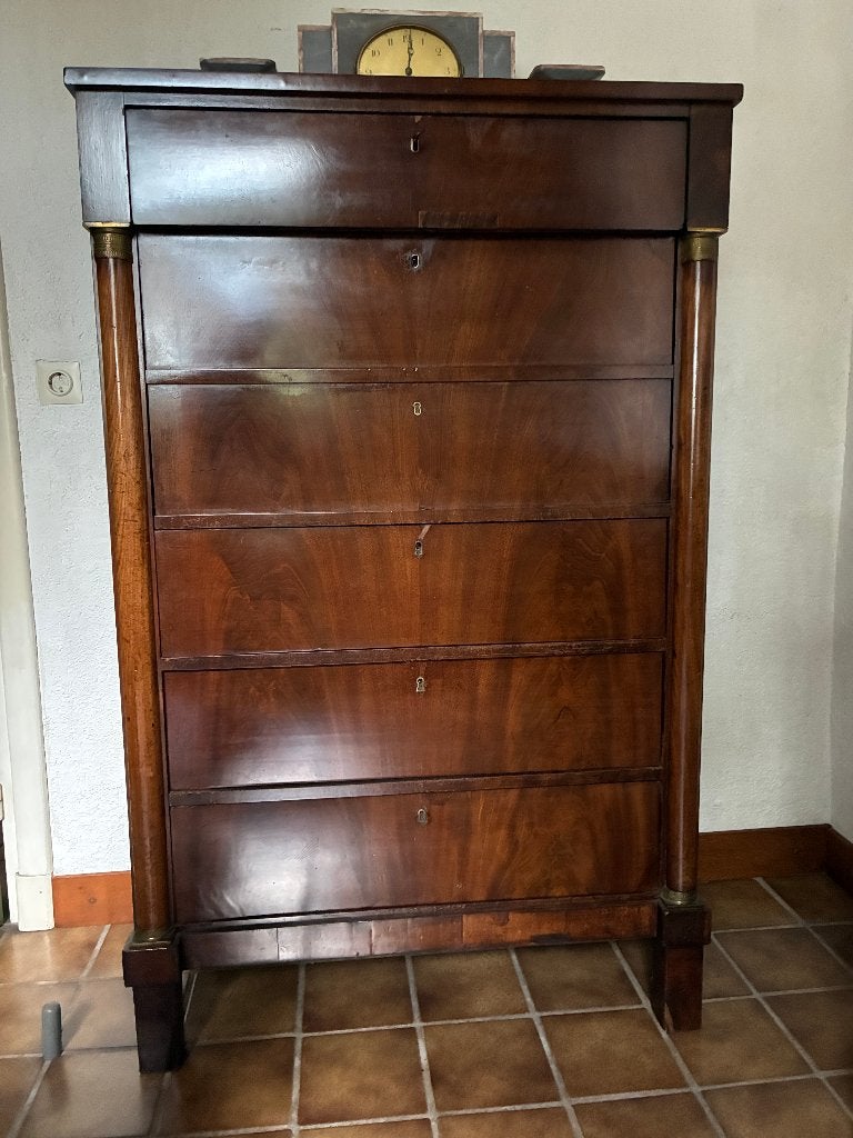 Antieke hoge ladenkast kast chiffoniere met bureau-indeling, Ophalen, 50 tot 100 cm, 3 of 4 laden, 150 tot 200 cm