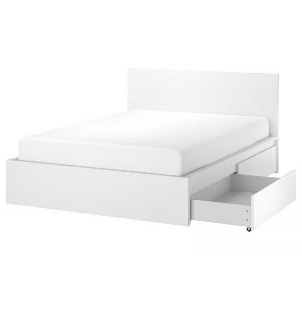 IKEA MALM Bed 160x200 cm, 4 bedlades, lattenbodem, matras, Ophalen, Verstelbaar, Wit, Tweepersoons