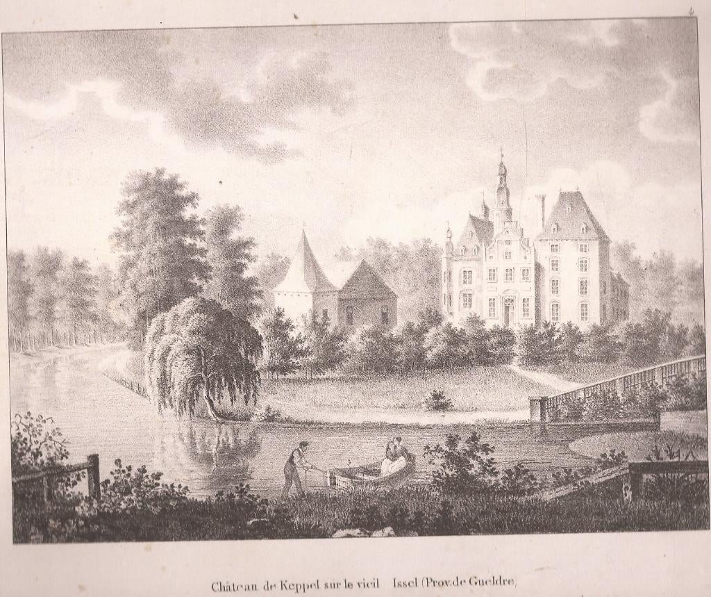Chateau de Keppel sur le vieil Issel Gelderland Laag-Keppel, Antiek en Kunst, Kunst | Etsen en Gravures, 1800 - 1899, 19 cm, Architectuur