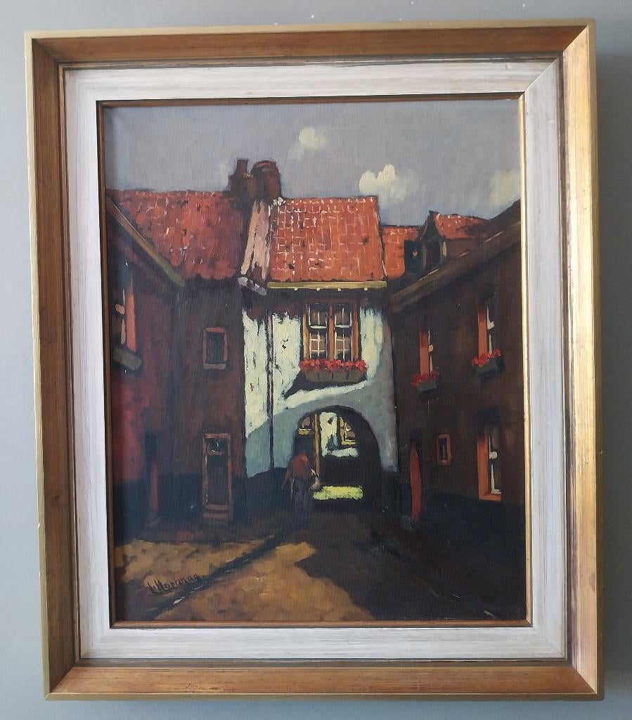 Louise Hartman (1905-1970) - Straatje met poort - 1950, Antiek en Kunst, Kunst | Schilderijen | Klassiek, Ophalen of Verzenden