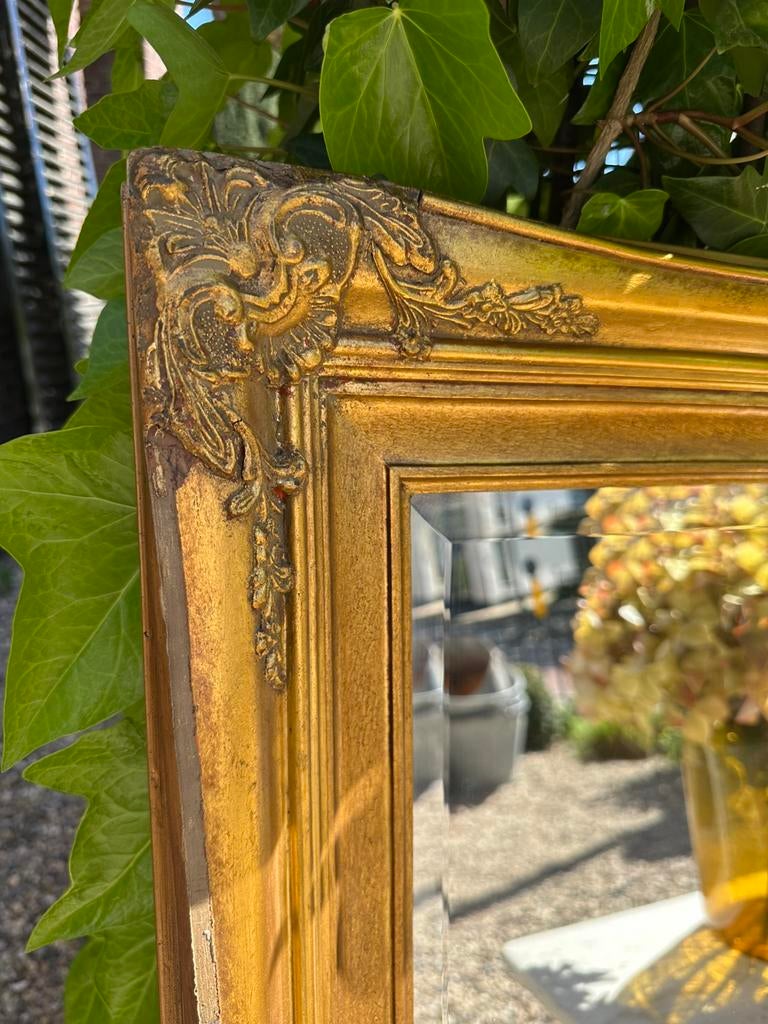 Mooie antieke gouden spiegel met facet geslepen glas, Ophalen, Rechthoekig
