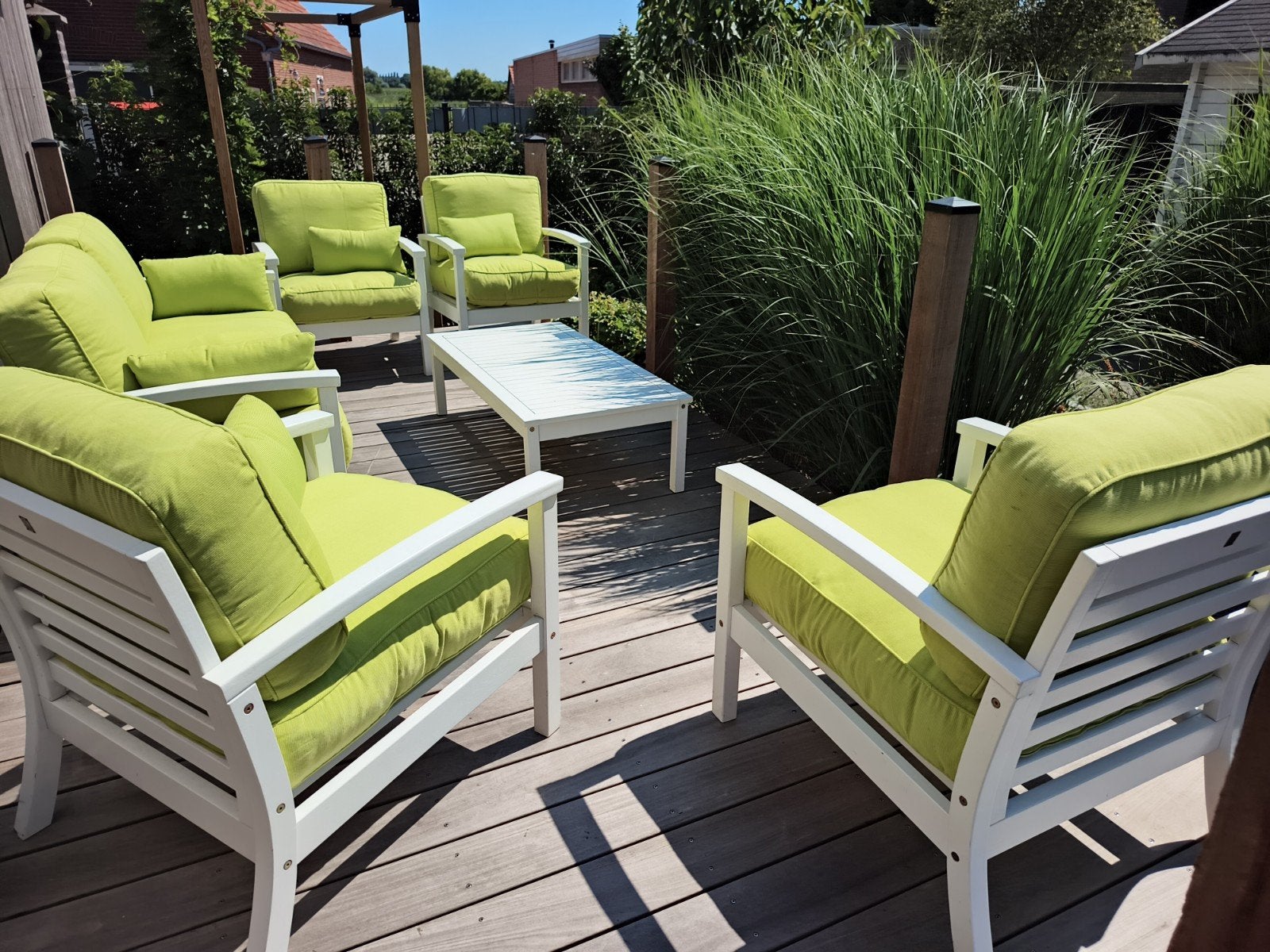 Volledig houten tuinset met comfortabele dikke kussens, Ophalen, Bank, Zo goed als nieuw, Loungeset