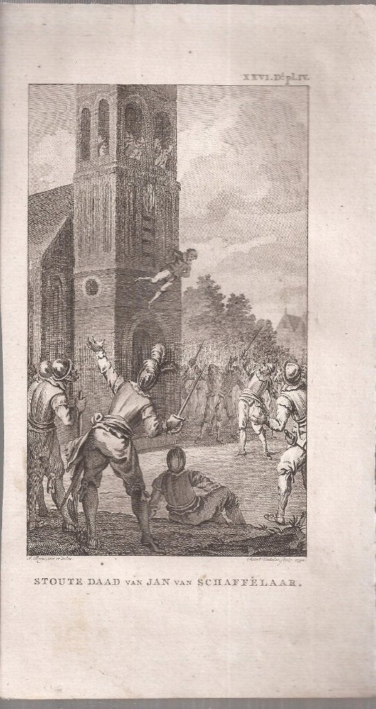 Barneveld Stoute daad van Jan van Schaffelaar Kopergravure, Antiek en Kunst, Origineel, Ophalen of Verzenden, Gravure, 15 cm