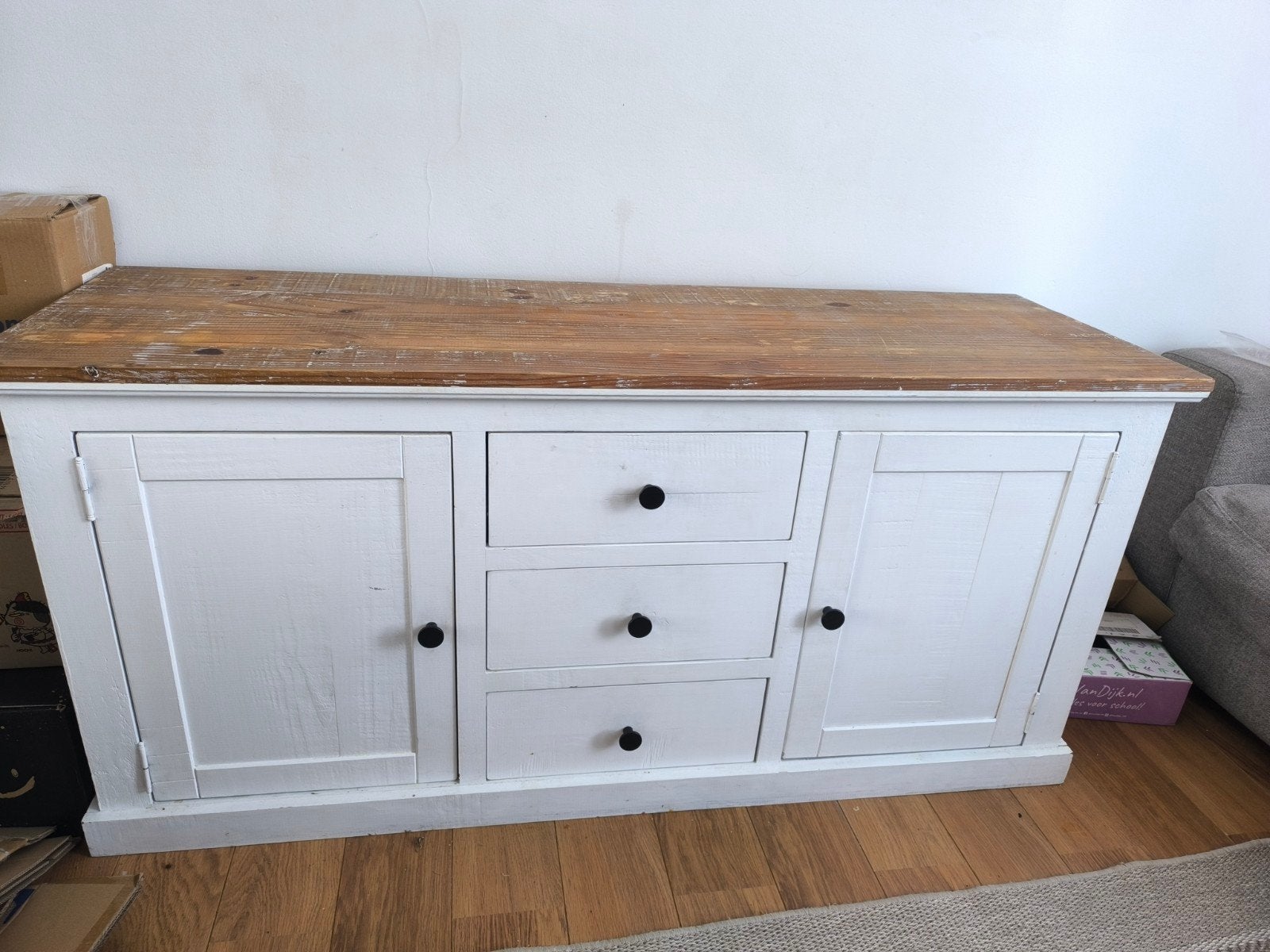 Landelijk dressoir wit met houten blad - 160x47x80 cm, Huis en Inrichting, Ophalen, Gebruikt, Met lade(s), 150 tot 200 cm