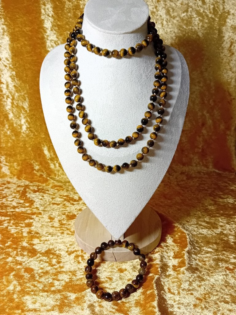 Lange tijgeroog ketting van 120cm met rekbare armband., Sieraden, Tassen en Uiterlijk, Kettingen, Verzenden, Nieuw, Bruin, Overige materialen