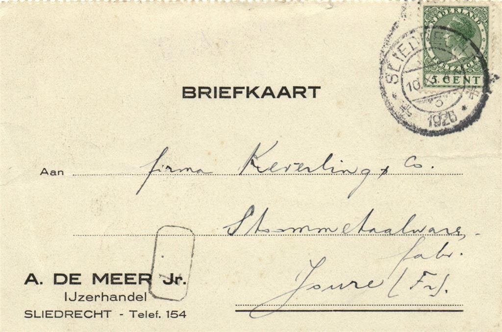 A. de Meer Jr., IJzerhandel, Sliedrecht - 11.1926 - briefkaa, Ophalen of Verzenden, Briefkaart