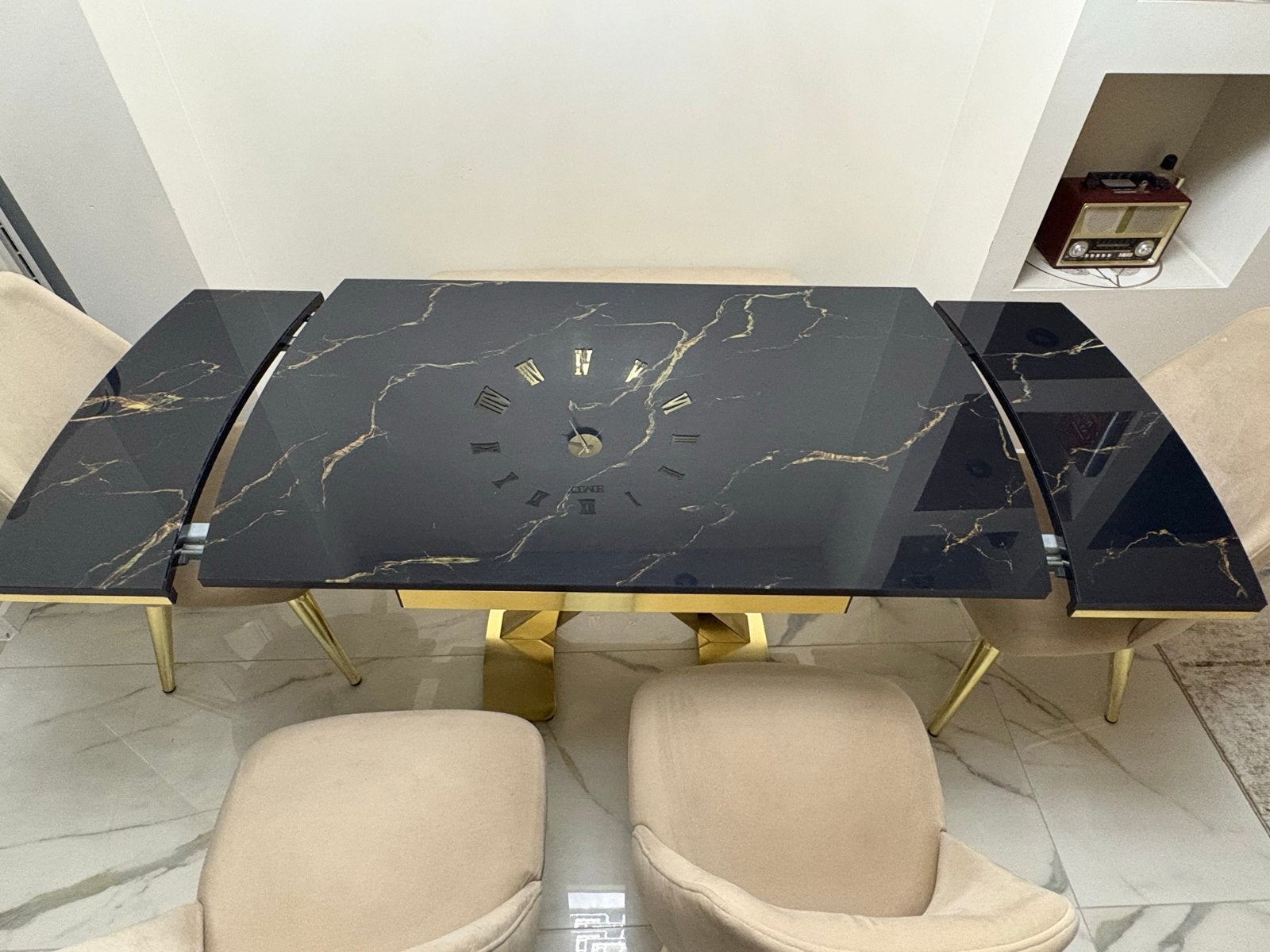 Luxe uitschuifbare eettafel marmerlook met 4 stoelen, Huis en Inrichting, Ophalen, 50 tot 100 cm, Zo goed als nieuw, Vier personen