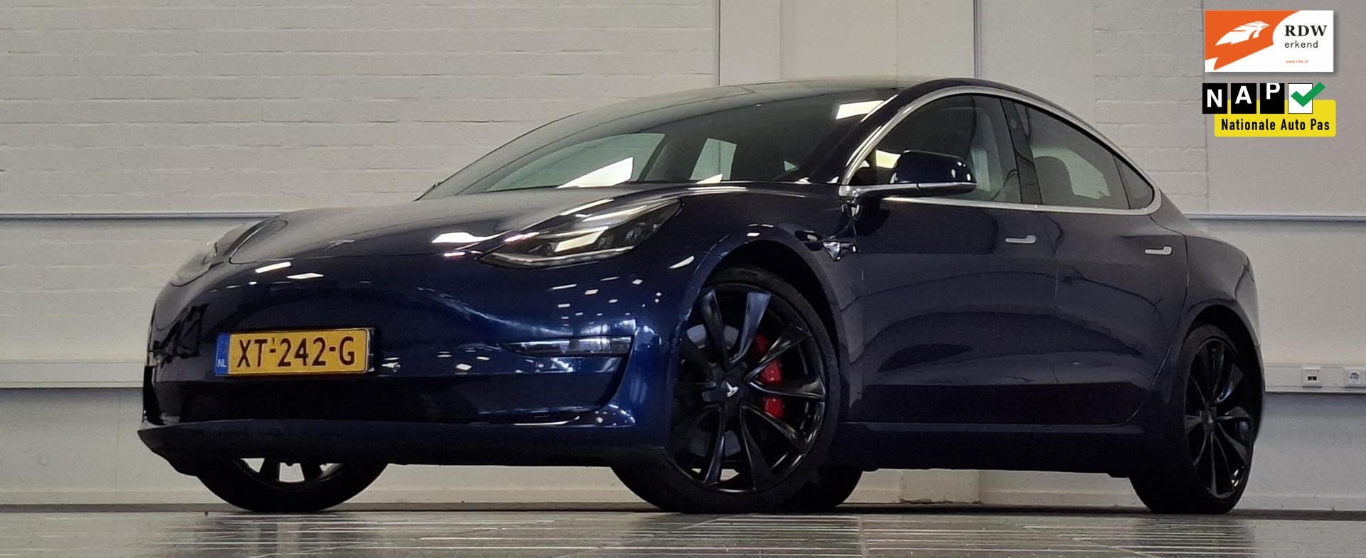 Tesla Model 3 Performance AWD 75 kWh 463PK SOH 83,9% Garanti, Automaat, Stof, Blauw, Origineel Nederlands