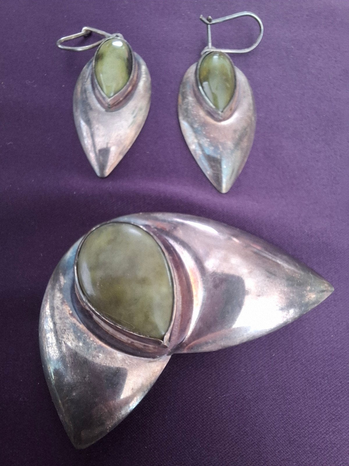 Vintage zilveren modernistische set, Broche en oorhangers, Ophalen, Groen, Zilver