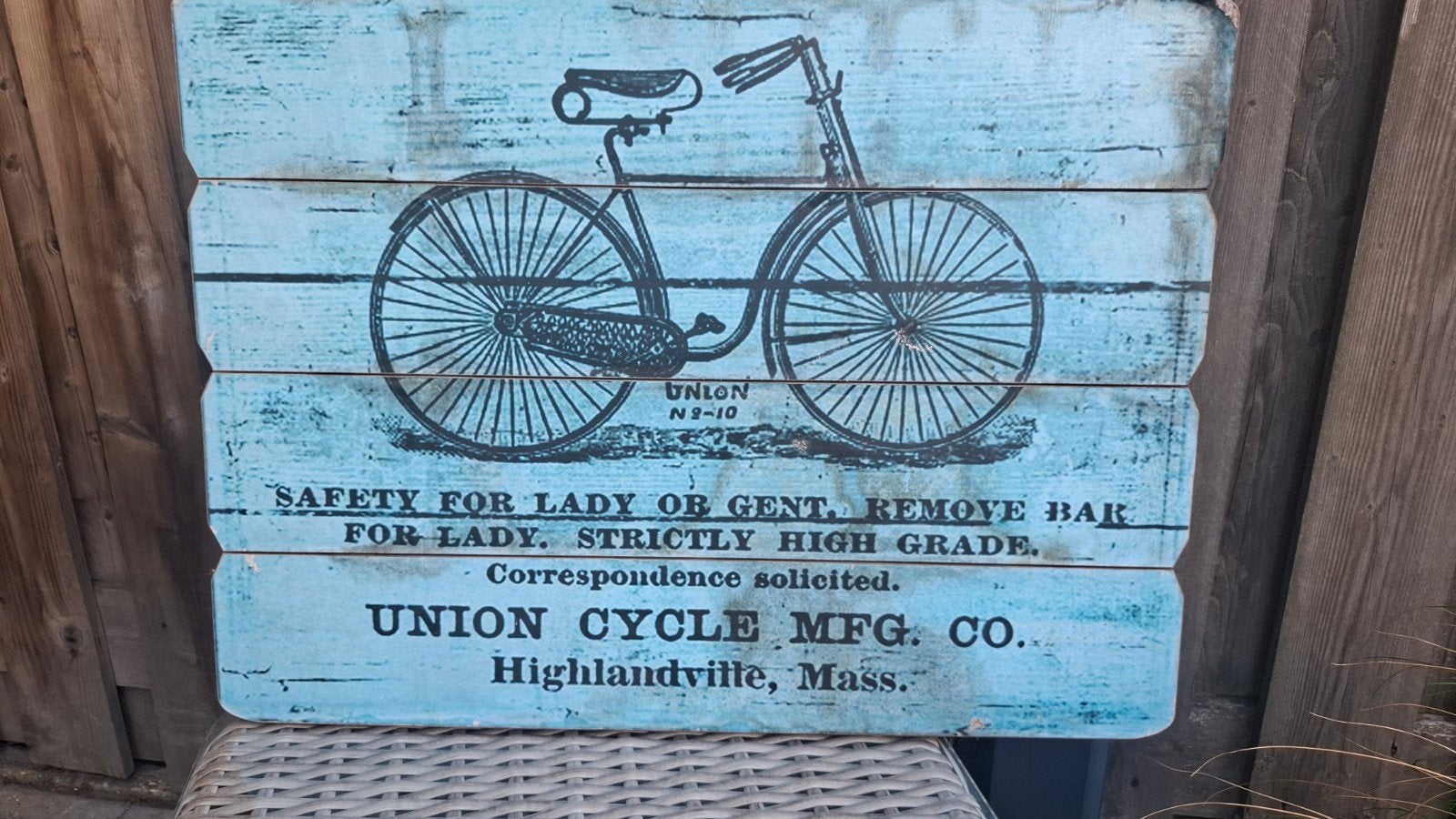 Vintage buitenbord met fietsafbeelding - Union Cycle, Ophalen, Gebruikt, Blauw, Vintage