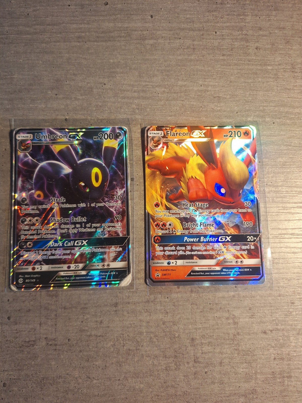 Pokémon Kaarten: Umbreon GX en Flareon GX, Ophalen of Verzenden, Gebruikt, Meerdere kaarten, Foil