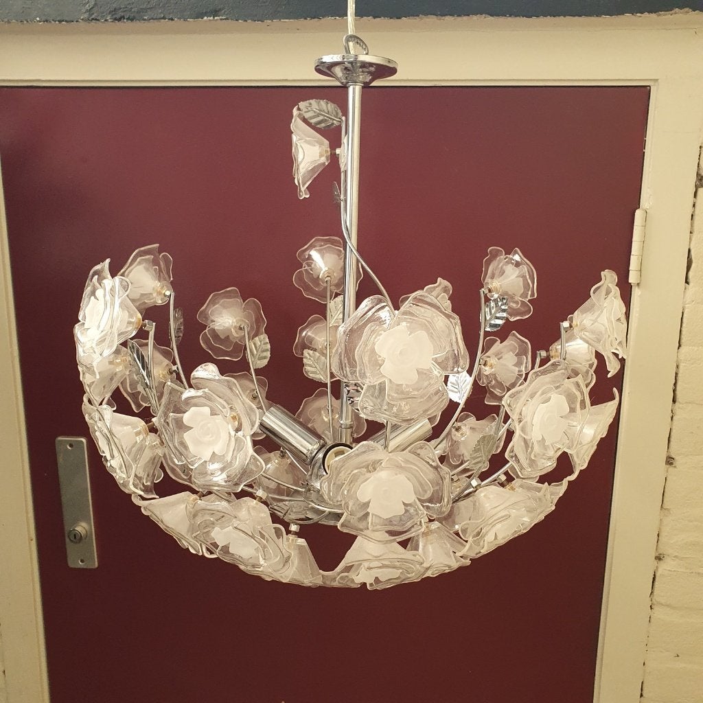 Design hanglamp Globo chroom met bloemen bloemenlamp, Ophalen of Verzenden, Gebruikt, Kunststof, E14 (klein)