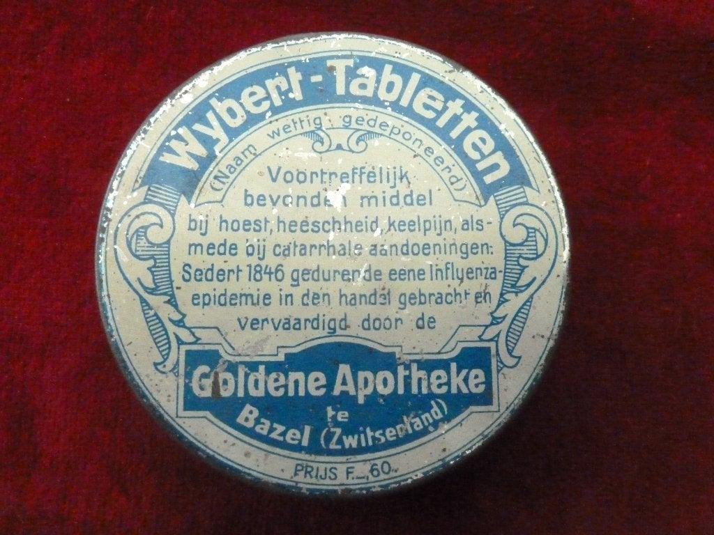 Antiek blikje Wybert tabletten Goldene apotheke Bazel 1846, Ophalen of Verzenden, Gebruikt, Overige