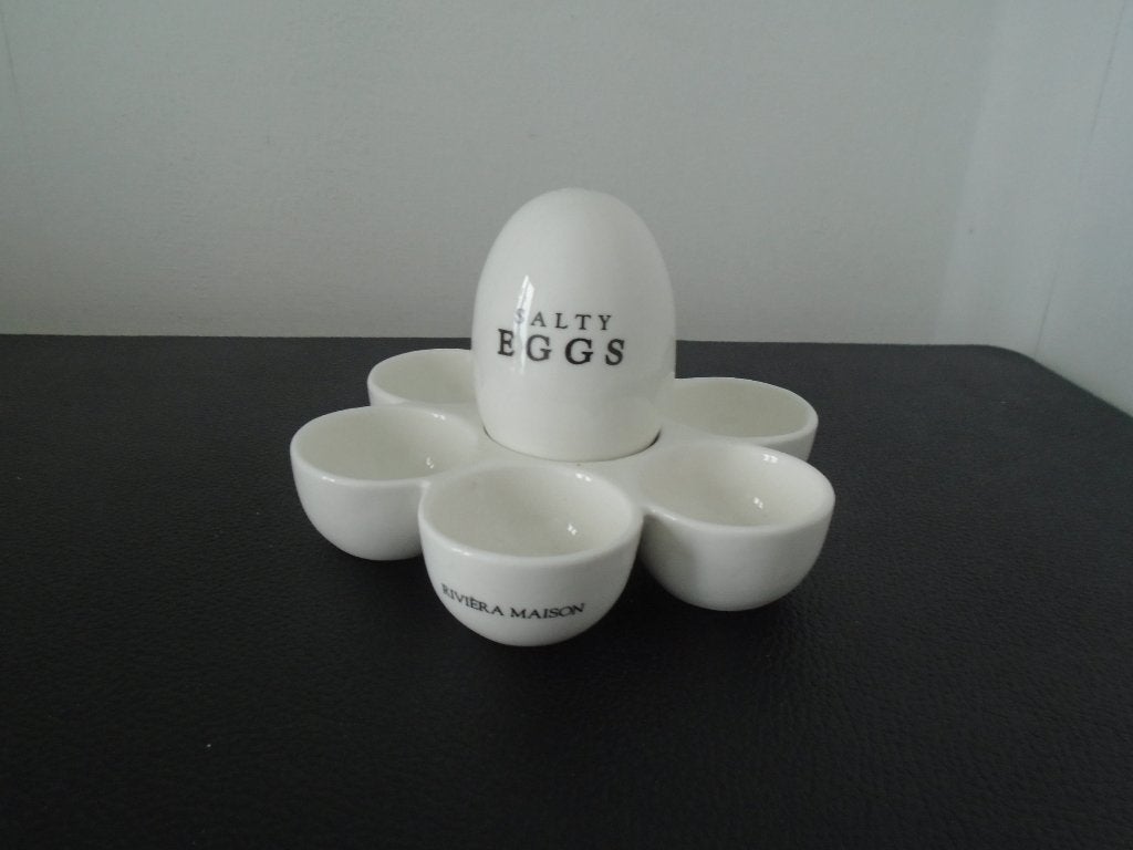 Riviera Maison Eierdopjes set 'Salty Eggs', Overige merken, Ophalen of Verzenden, Zo goed als nieuw, Porselein