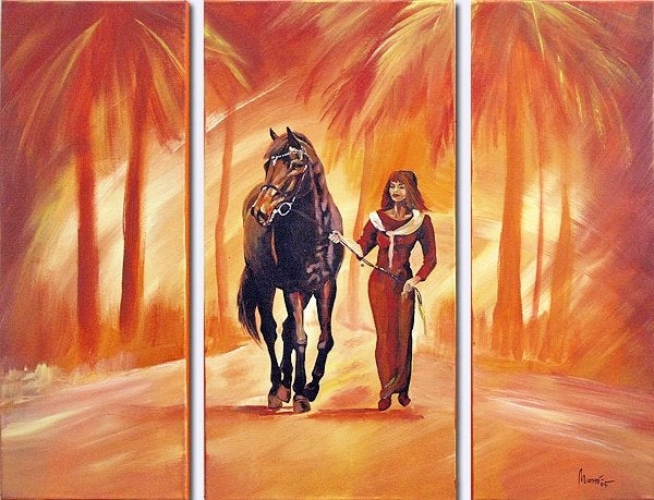 Walking my Horse van Mia Morro – handgeschilderd schilderij, Ophalen, Gesigneerd, Acrylverf, Figuren
