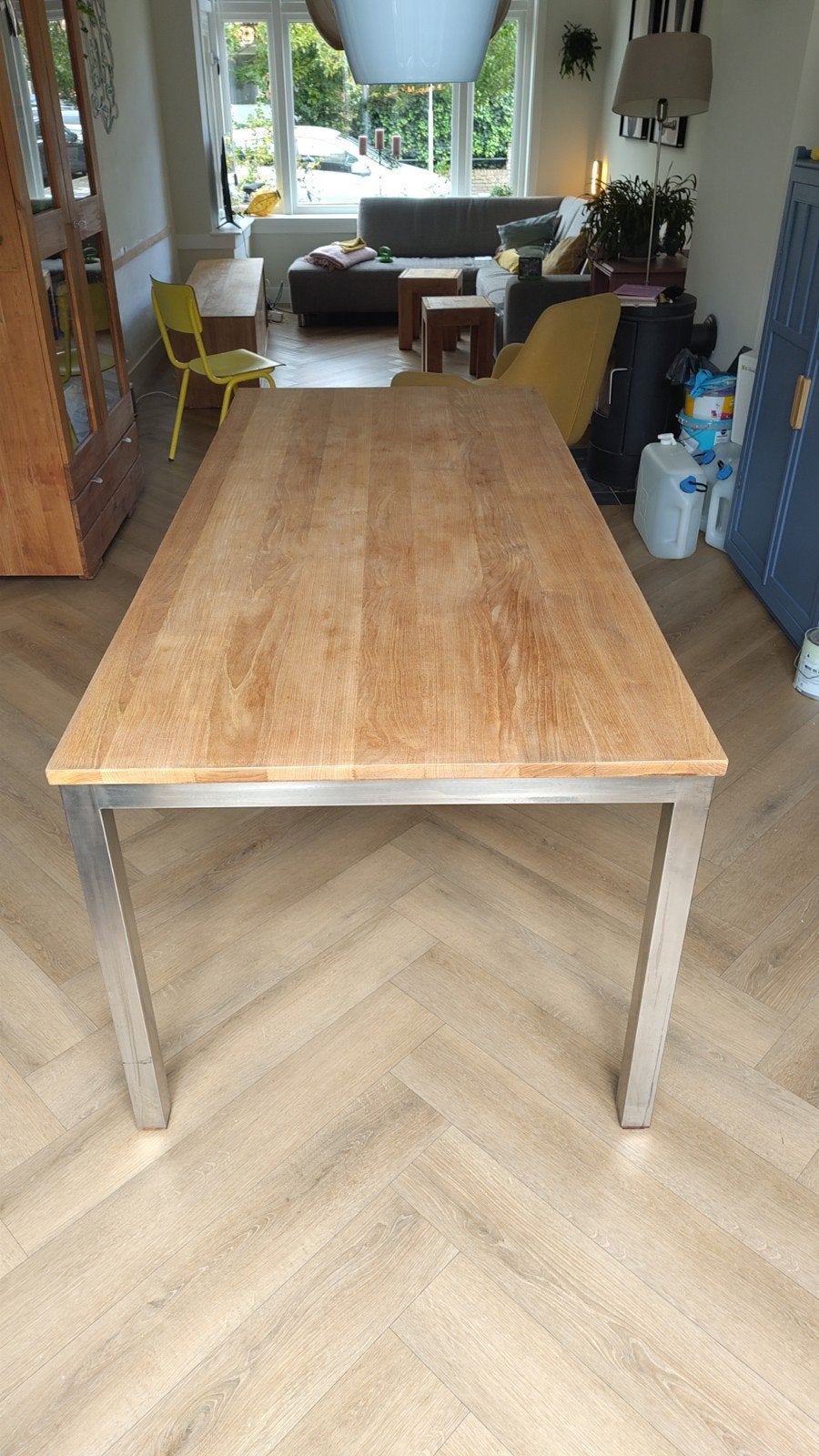 Teakhouten eettafel met RVS poten - 200x90x77 cm, Ophalen, Gebruikt, Teakhout, 50 tot 100 cm