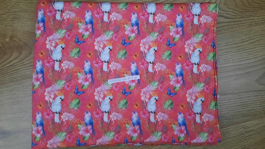 Coupon katoentricot. Parkieten roze, Overige materialen, 120 cm of meer, Ophalen of Verzenden, Roze