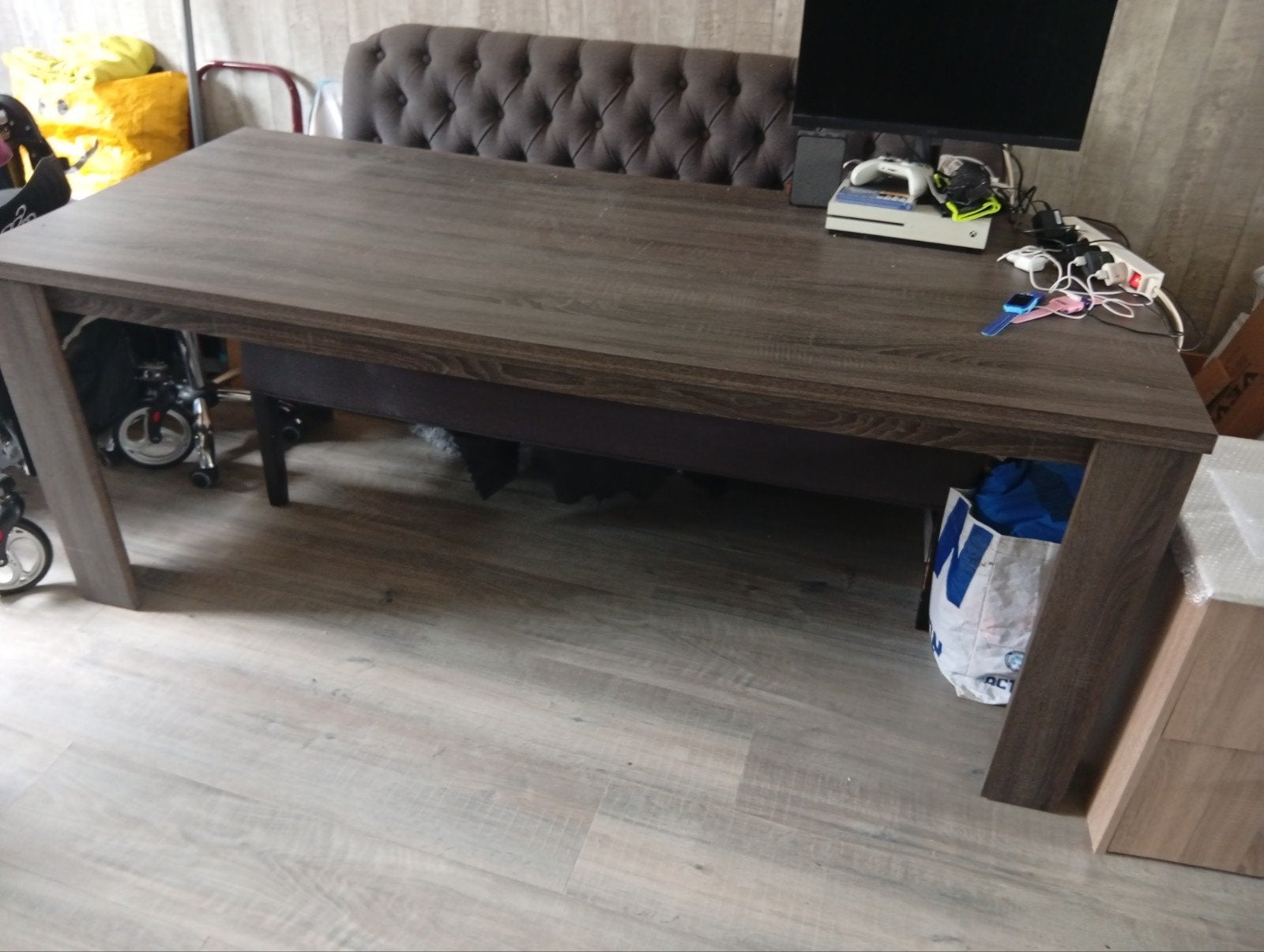 6-persoons eettafel grijs eiken met eetbank en stoelen, Ophalen, Gebruikt, 200 cm of meer, 50 tot 100 cm