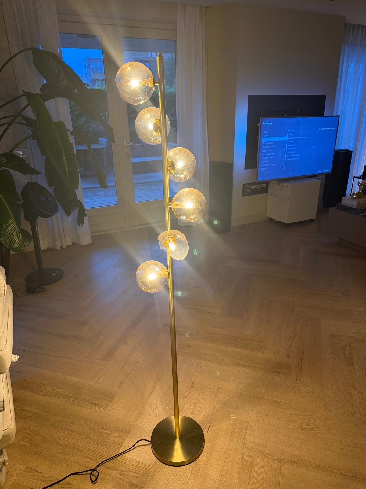 Kare Staande lamp matgoud met glazen bollen, 1.63  hoog, Ophalen, Gebruikt, Glas, 150 tot 200 cm