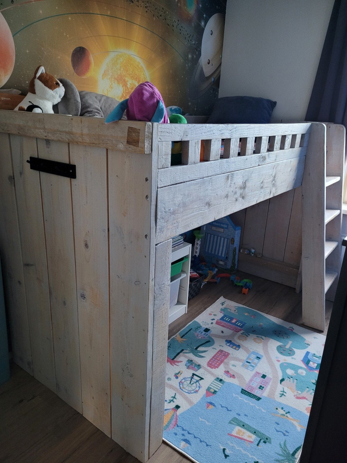 Stevige houten hoogslaper voor kinderkamer, Ophalen, Hoogslaper, Eenpersoons, Minder dan 160 cm