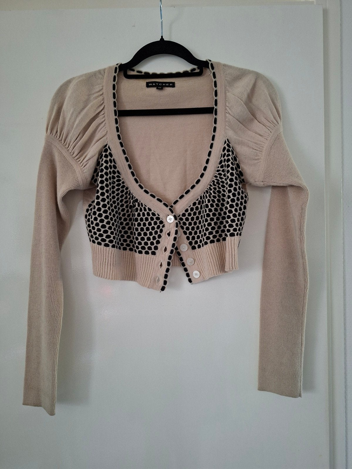 Watcher cropped vestje met pofmouwen en stippen maat 40, Maat 38/40 (M), Beige, Ophalen of Verzenden, Zo goed als nieuw