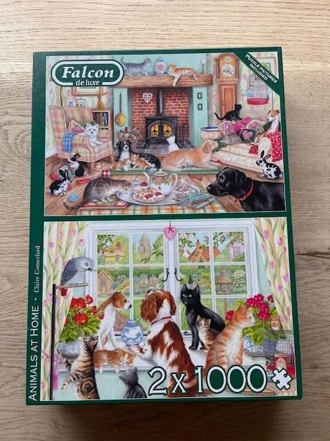 Falcon legpuzzels doos 2 x 1000 stukjes - Animals at Home, Ophalen of Verzenden, 500 t/m 1500 stukjes, Zo goed als nieuw, Legpuzzel