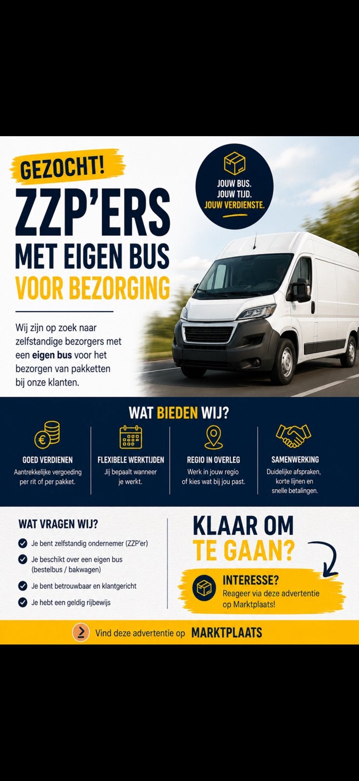 Zzp chauffeur koerier gezocht omgeving den haag, Starter, Overige niveaus, 33 - 40 uur, Geschikt als bijbaan
