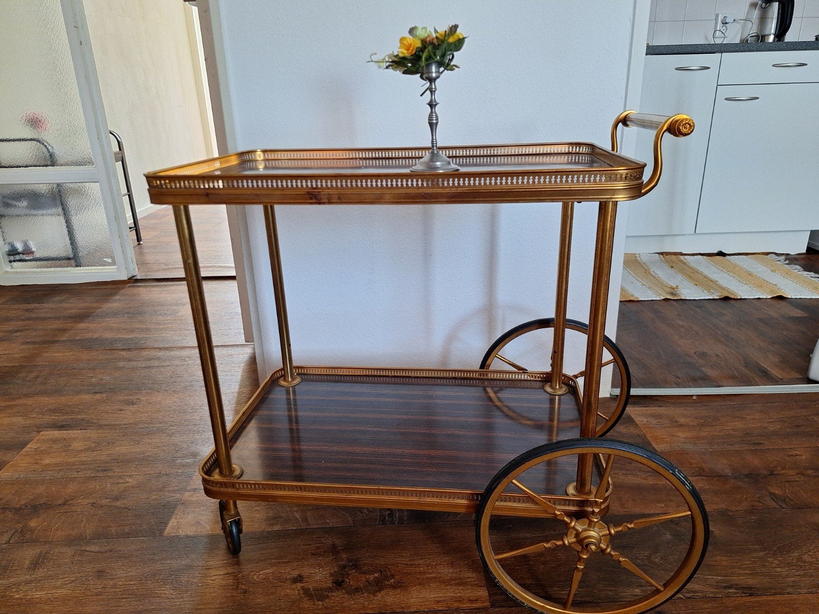 Vintage gouden serveerwagen / theewagen met glas en hout, Ophalen of Verzenden