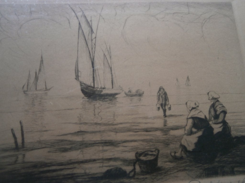 Proff H. de Landell, Ets Thuiskomst van de Vissers, Antiek en Kunst, Ophalen, Dagelijks leven, Ets
