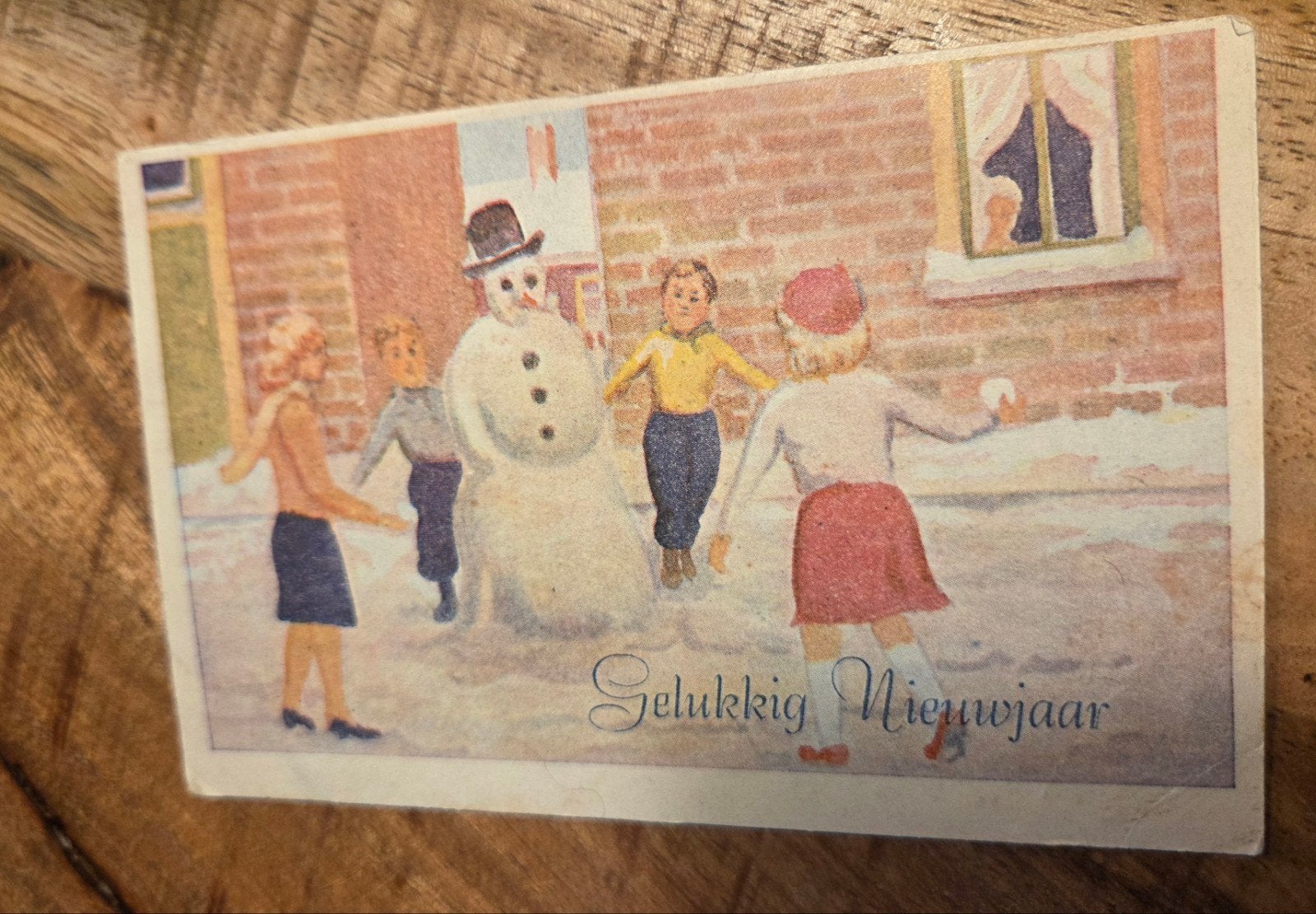 Vintage Nieuwjaarskaart met Sneeuwpop en Kinderen, Verzenden, Voor 1920, Ongelopen, Kinderen