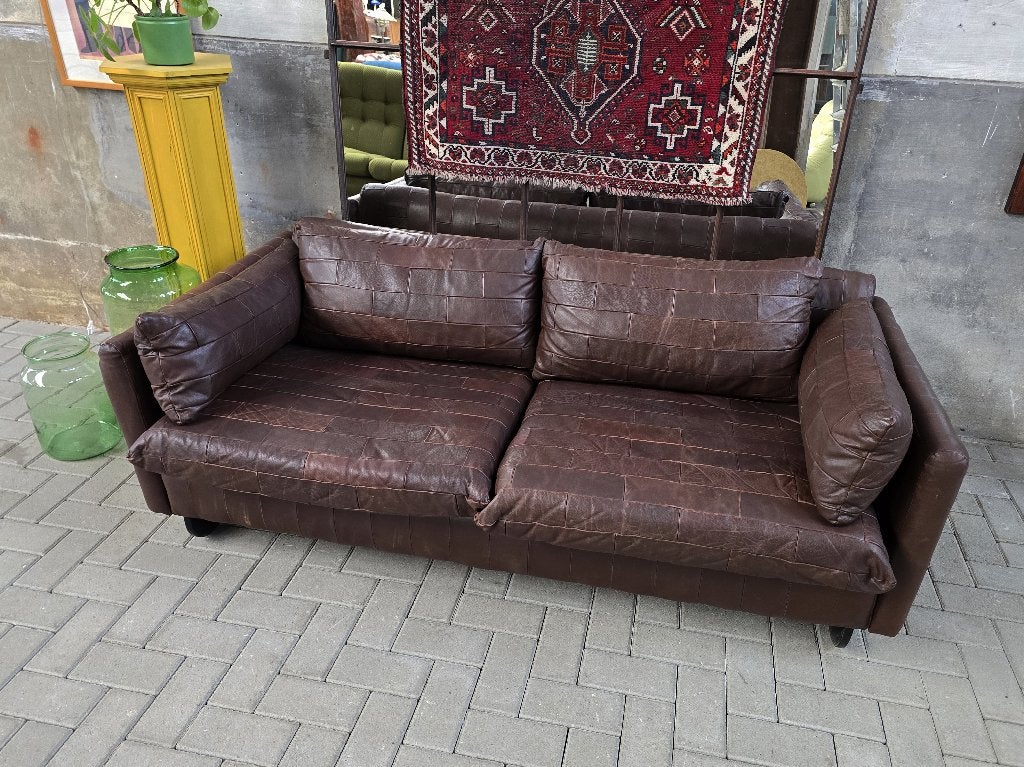 Mid Century Design Bank Bruin | Vintage Leren Patchwork Sofa, Huis en Inrichting, Banken | Bankstellen, Metaal, Gebruikt, 150 tot 200 cm