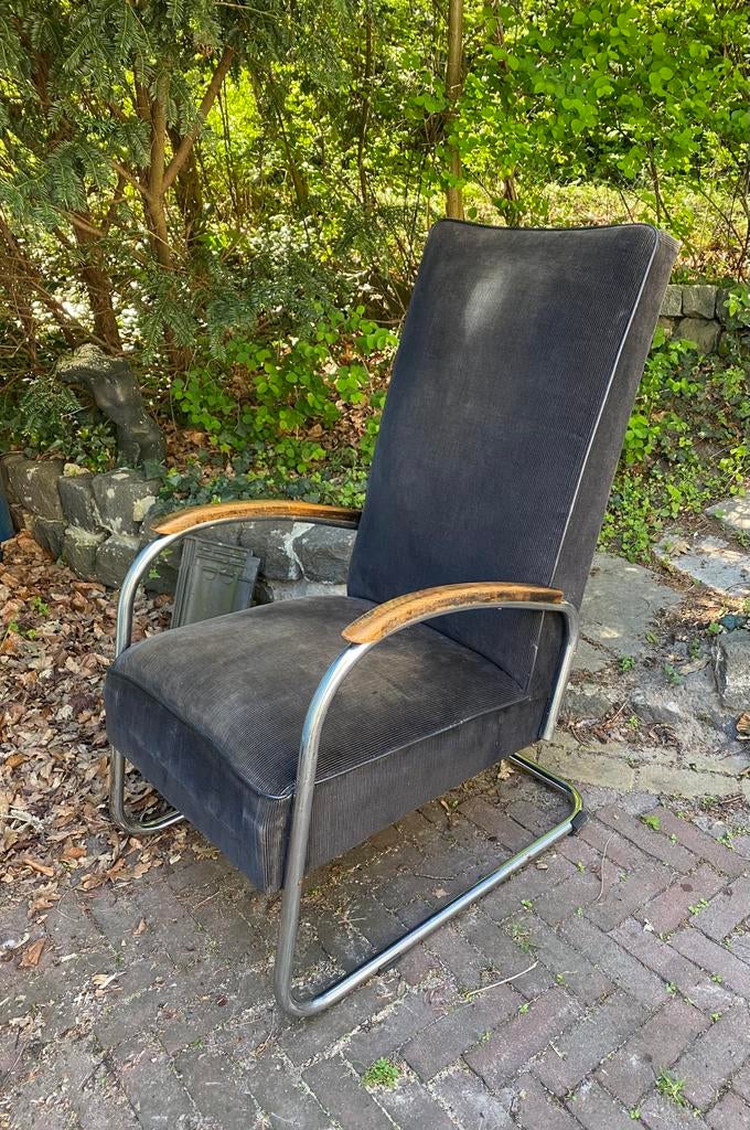 Buisframe fauteuil met hoge rug, jaren 30, Ophalen