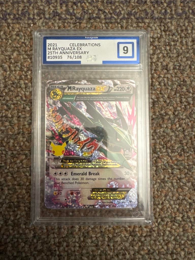 Pokémon M Rayquaza EX Celebrations PSA 9 25th Anniversary, Ophalen of Verzenden, Zo goed als nieuw, Losse kaart, Foil