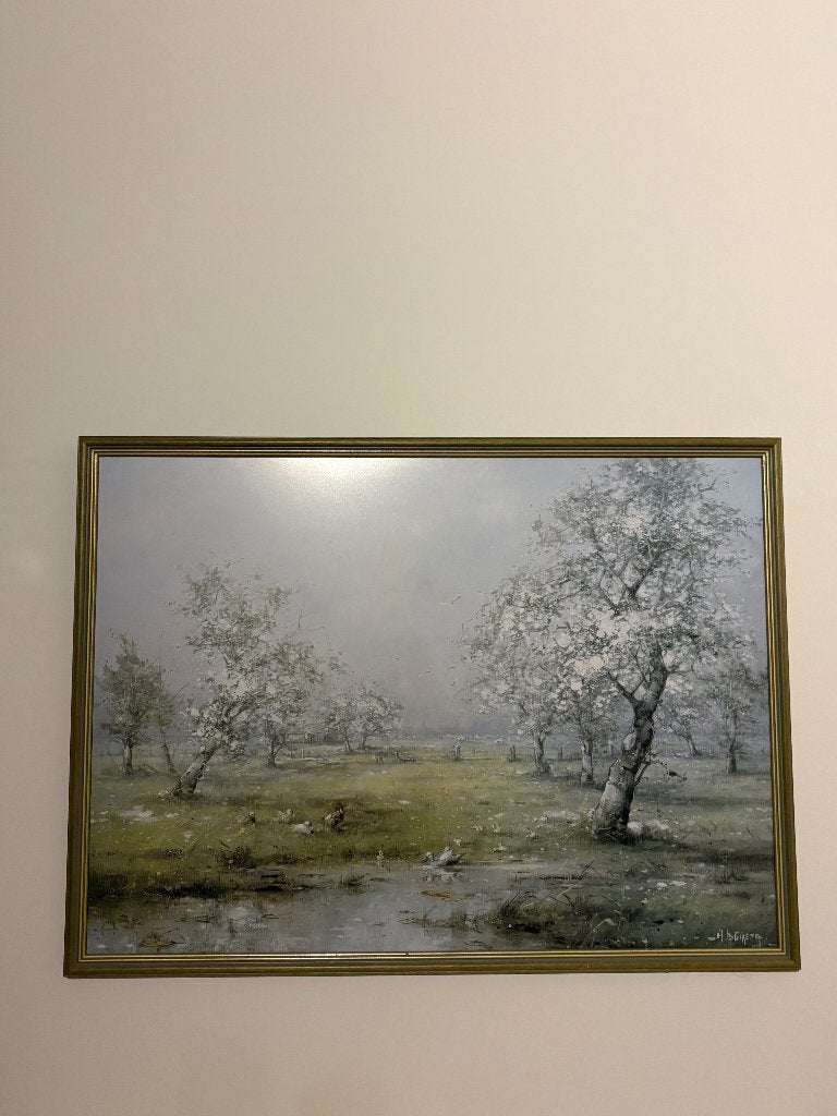 Schilderij H. Buikema – groot landschap met lijst, Ophalen, Klassiek, Achter glas, Landschap