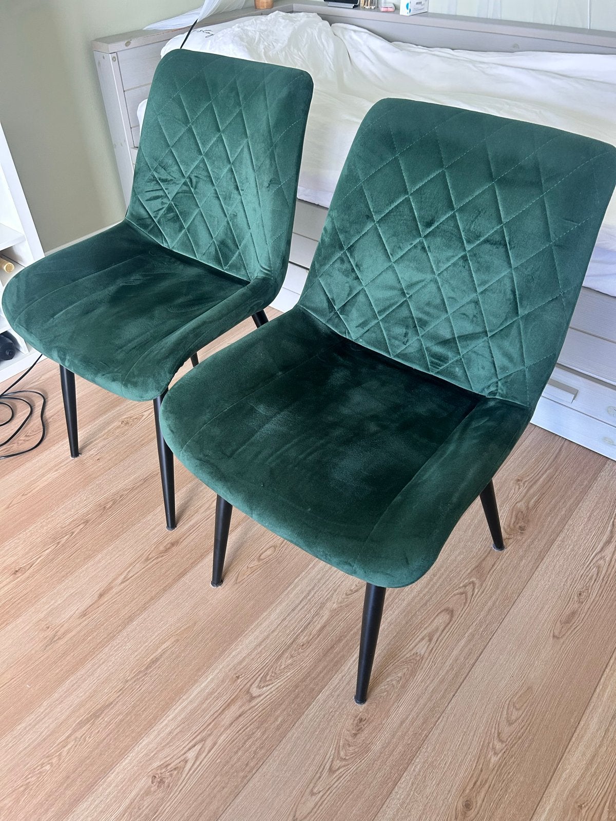 2x Groene fluwelen eetkamerstoelen met ruitpatroon, Ophalen, Twee, Overige kleuren, Zo goed als nieuw