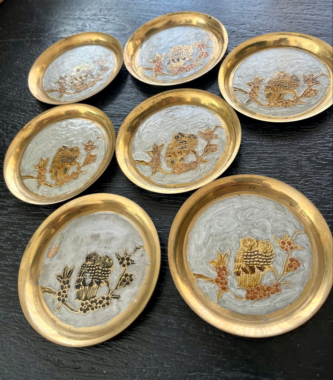 Set van 7 Oude Cloisonné Onderzetters met Uil Motief, Verzenden