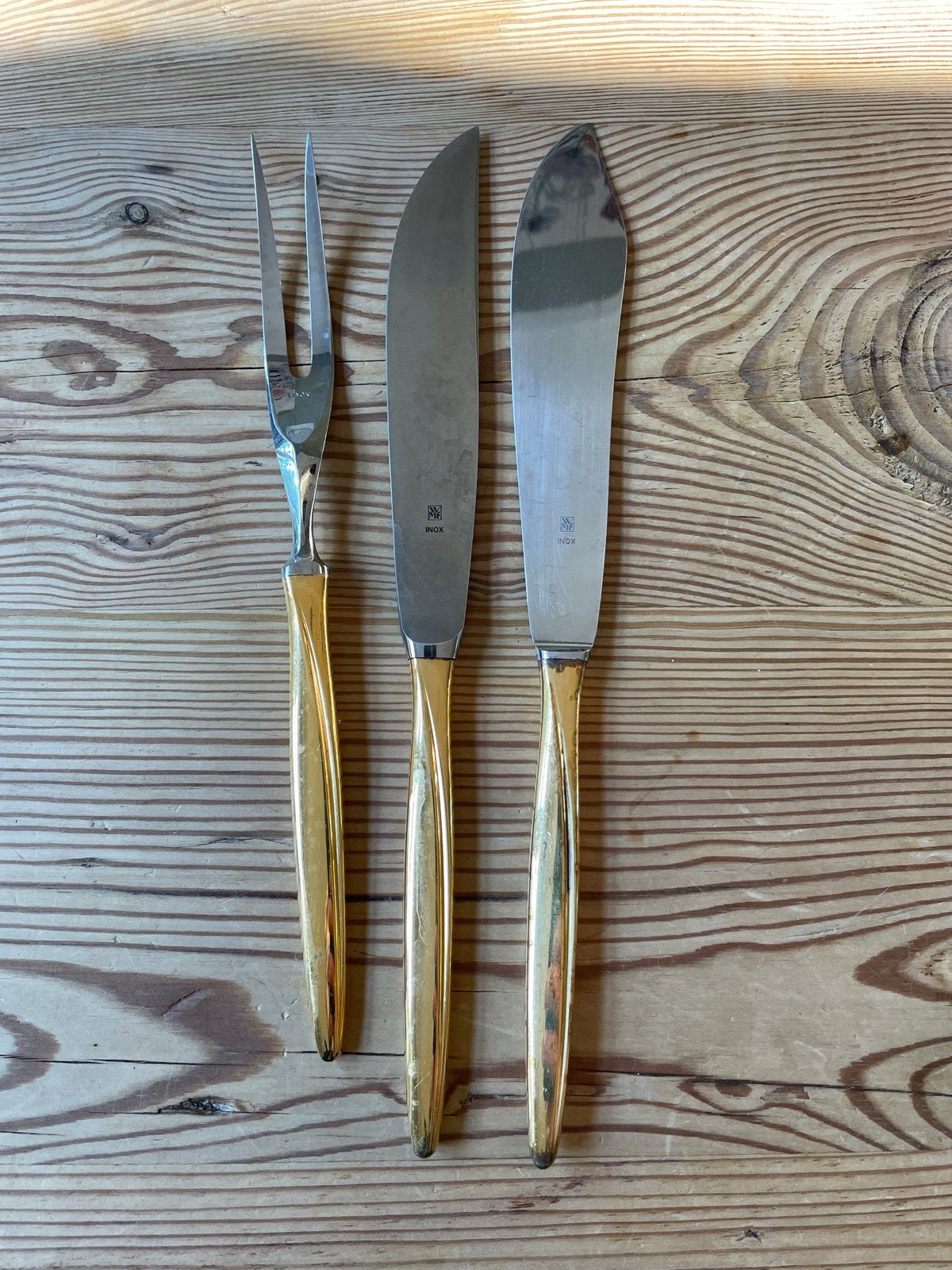 WMF Inox Vleesvork en Messen Set - Goudkleurig Handvat, Antiek en Kunst, Ophalen of Verzenden