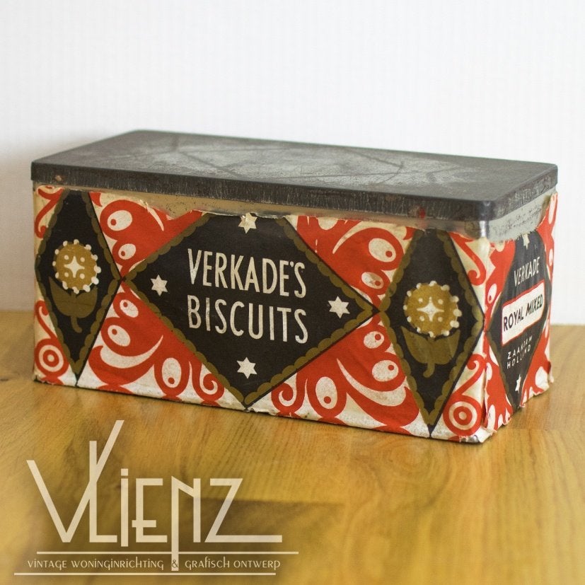 Vintage koekblik Verkade met papier Verkade's Biscuits, Verzamelen, Ophalen of Verzenden, Gebruikt, Koek(jes), Verkade