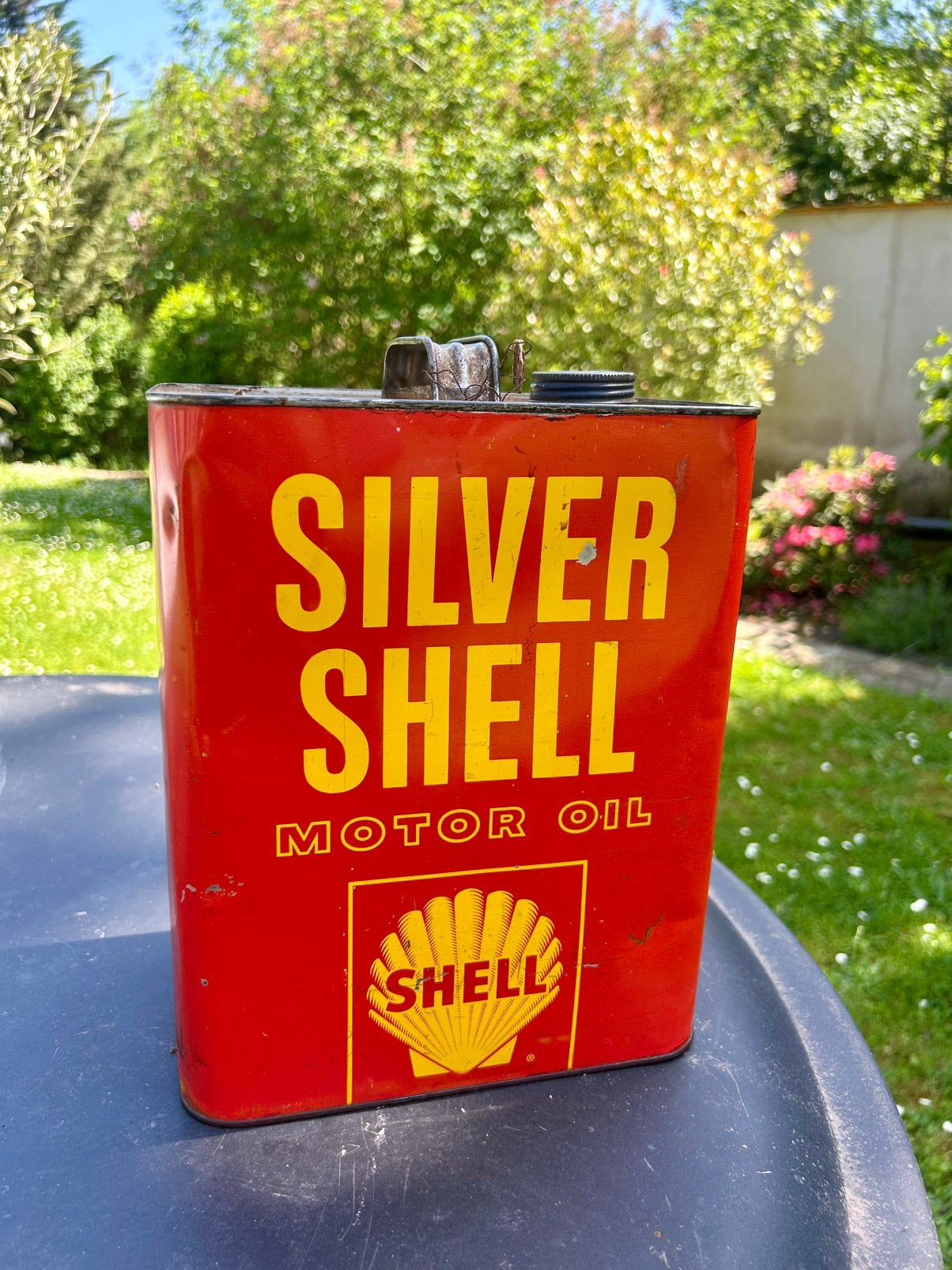 Olieblik olie blik oil can Silver Shell usa vintage mancave, Verzamelen, Ophalen of Verzenden, Zo goed als nieuw, Overige