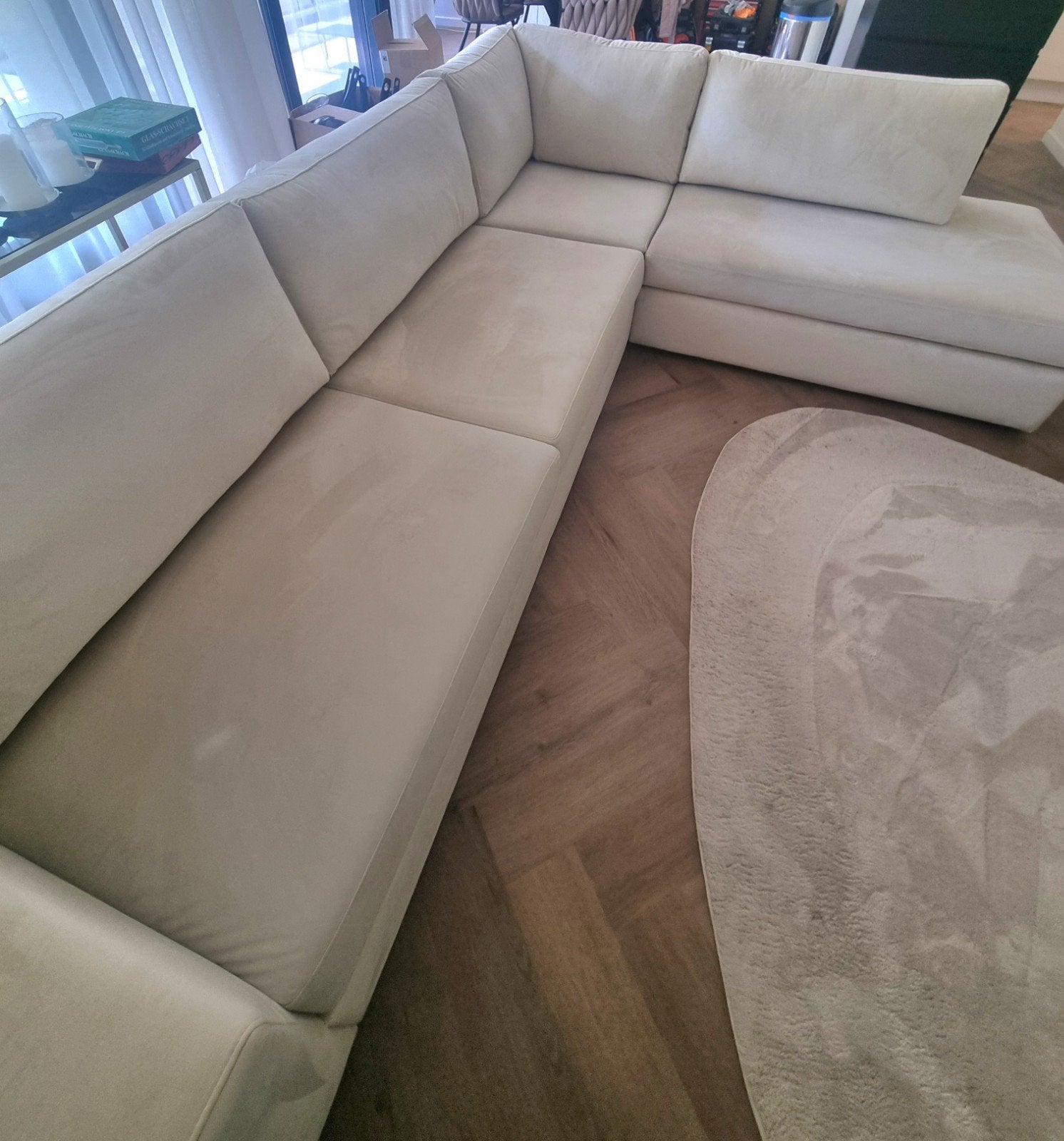 Moderne beige bankstel, nog in perfecte staat, Huis en Inrichting, Ophalen, 100 tot 125 cm, Hoekbank, 300 cm of meer