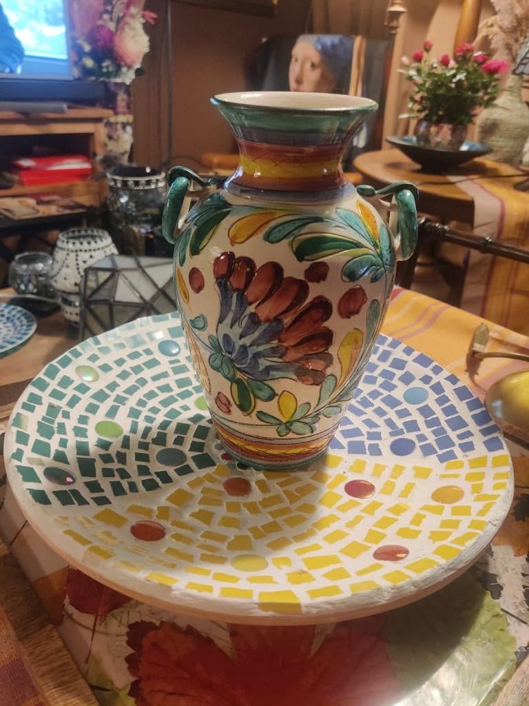 Handgeschilderde vaas (22 cm) + mozaïek schotel (30 cm), Ophalen, Overige kleuren, Aardewerk of Porselein, Zo goed als nieuw
