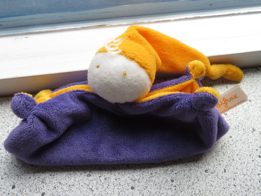Softdoek van Difrax knuffelpop kleine maat paars donkergeel, Overige typen, Nieuw, Ophalen of Verzenden, Wasbaar