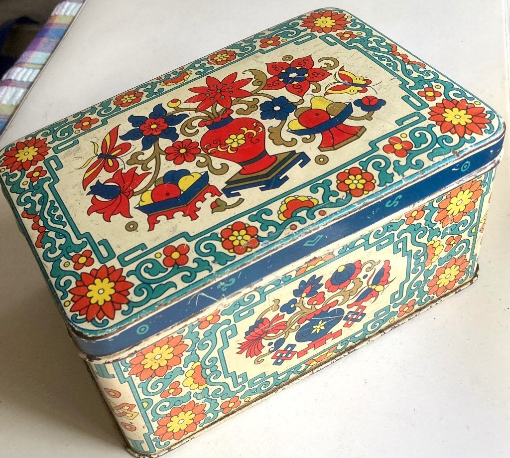 Vintage blikken trommel met bloemmotief (Daher), Verzamelen, Blikken, Verzenden, Gebruikt, Koek(jes), Overige merken