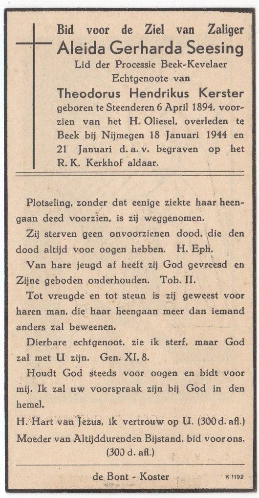 Aleida G. Seesing 1894 Steenderen + 1944 Beek bij Nijmegen, Verzenden