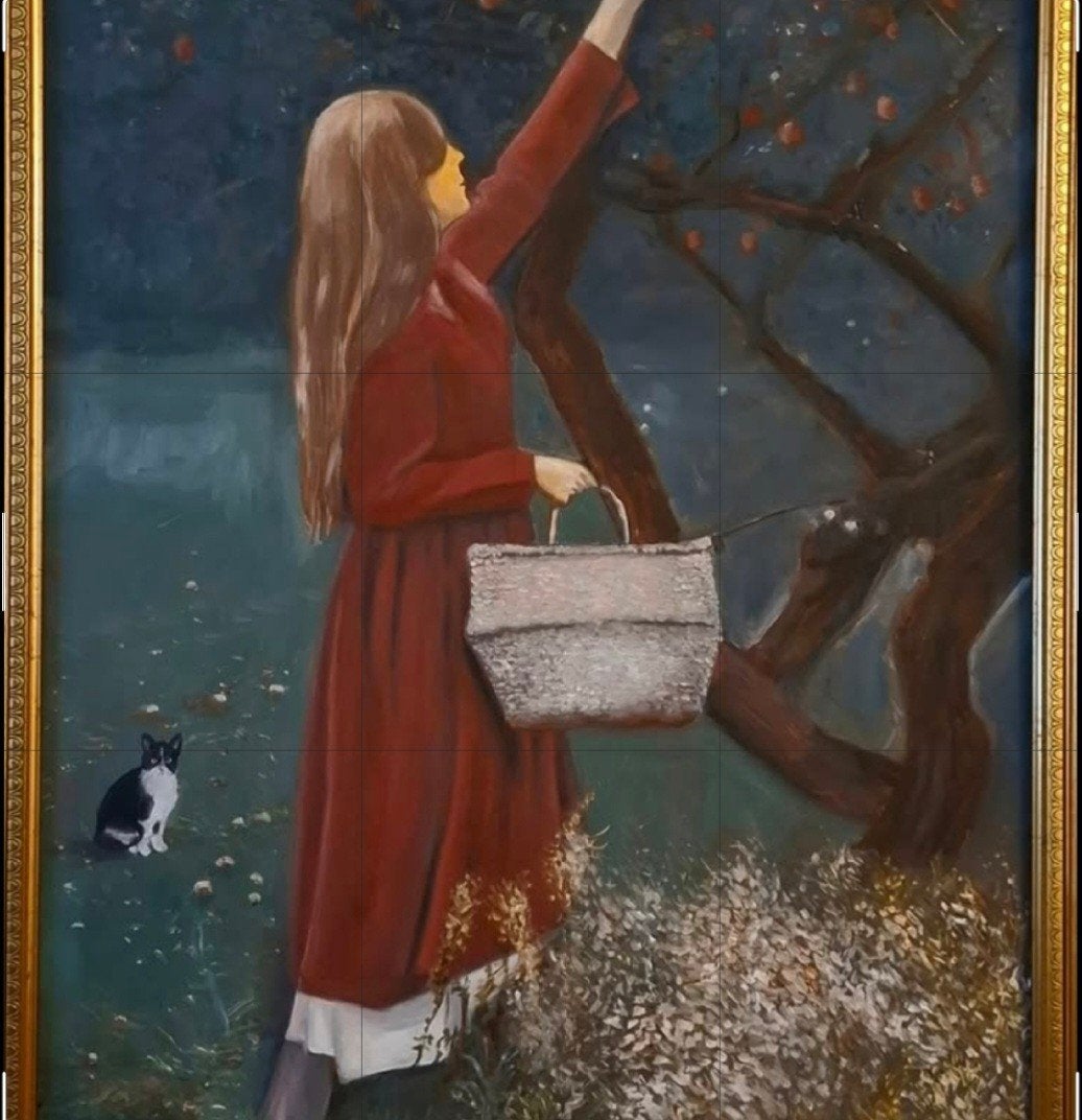 Schilderij appels plukken, Ophalen of Verzenden